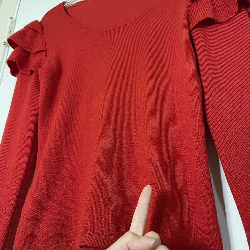 Badgley Mischka Red Wool knit ruffle sleeve detail round neck sweater size small